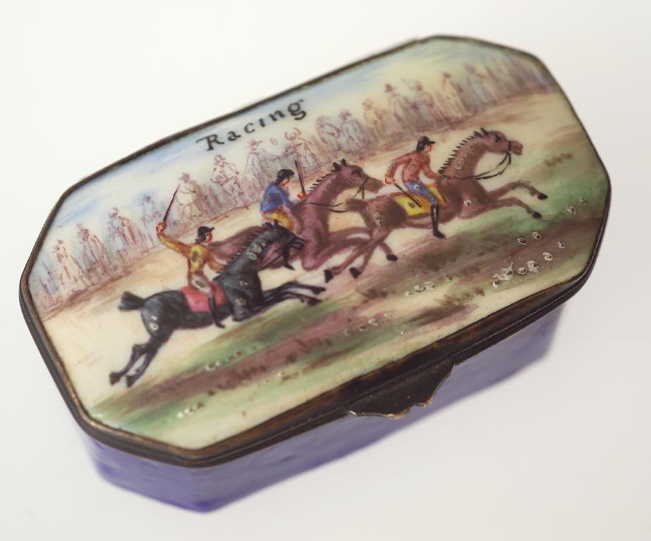 Appraisal: STAFFORDSHIRE ENAMEL SNUFF BOX th century of rectangular form the