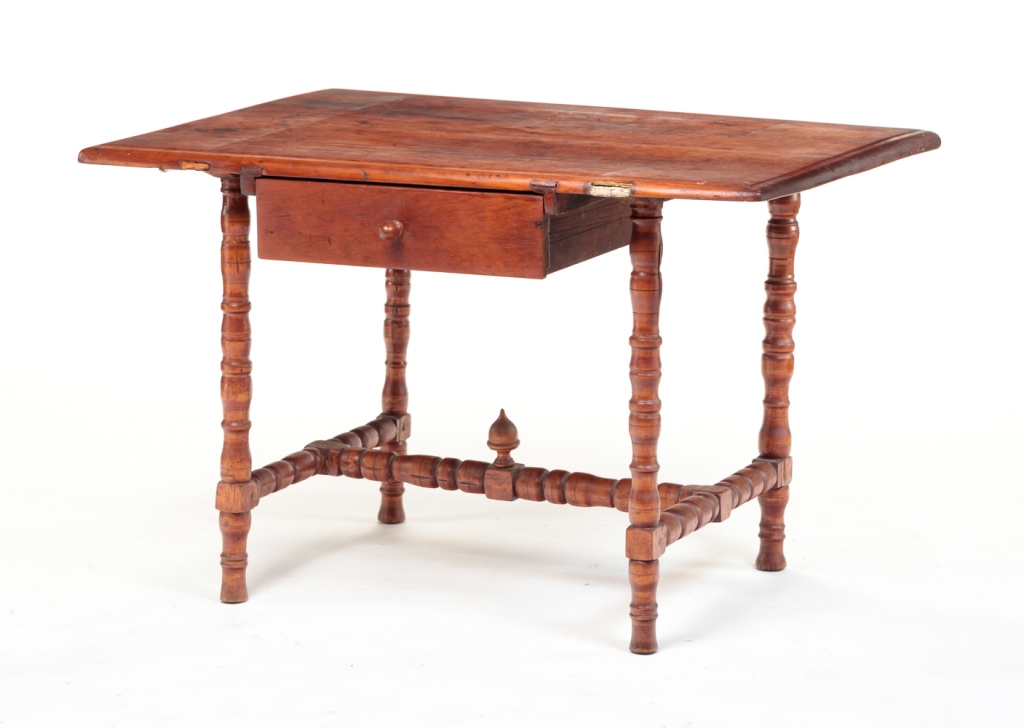 Appraisal: AMERICAN STRETCHER BASE TABLE Nineteenth century pine two board top