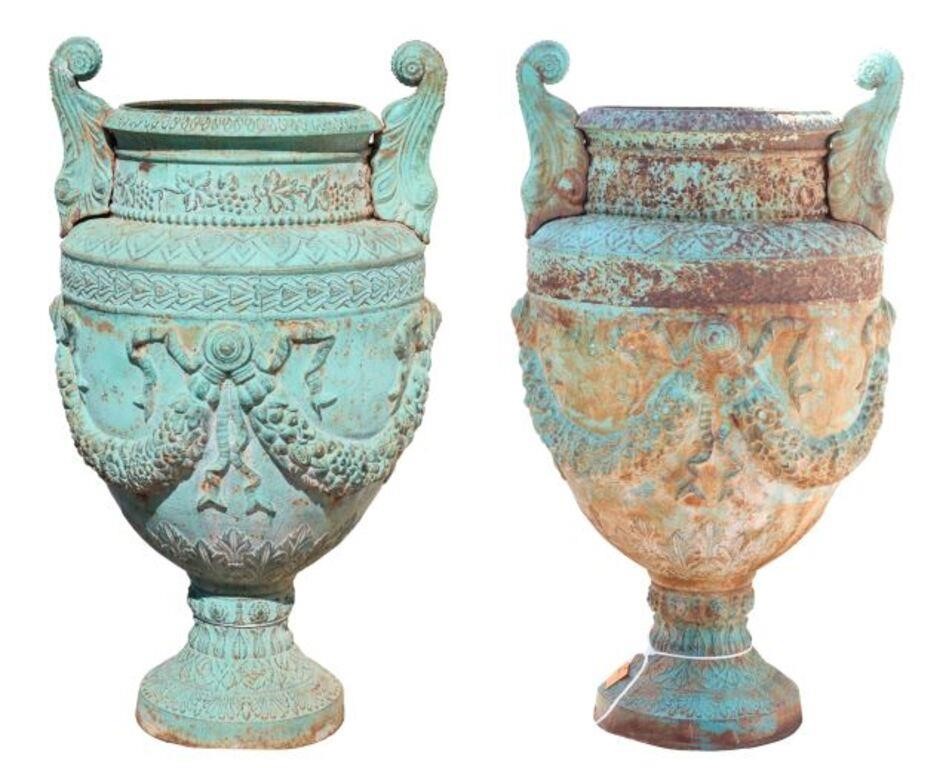 Appraisal: pair Large verdigris patinated cast iron garden urns having dual