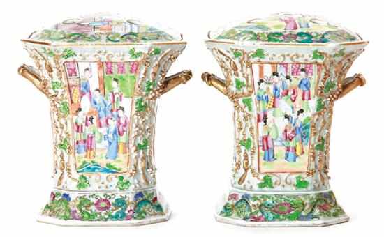 Appraisal: Pair Chinese Export famille rose bough pots circa square dome