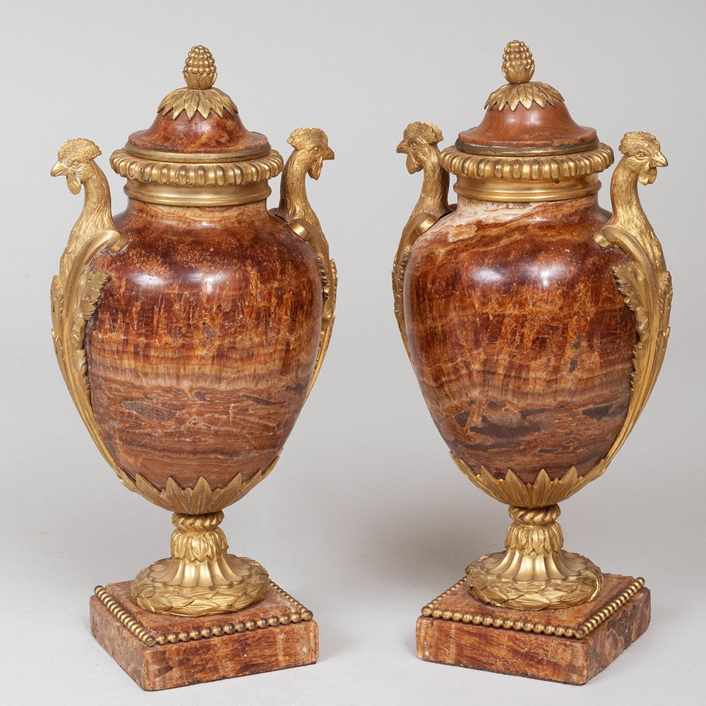 Appraisal: Pair of Louis XVI Ormolu-Mounted Marble Urns and Covers x