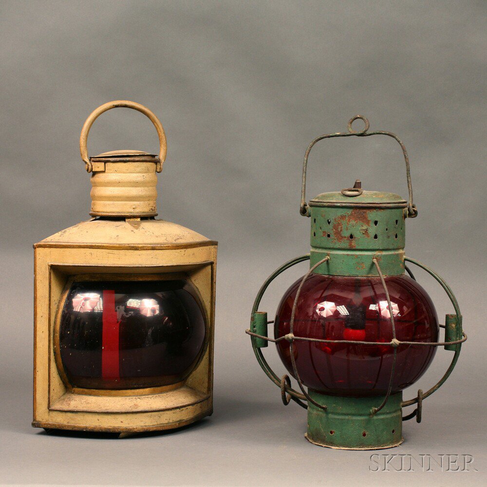 Appraisal: Two Painted Navigation Lanterns th century a green-painted onion lamp