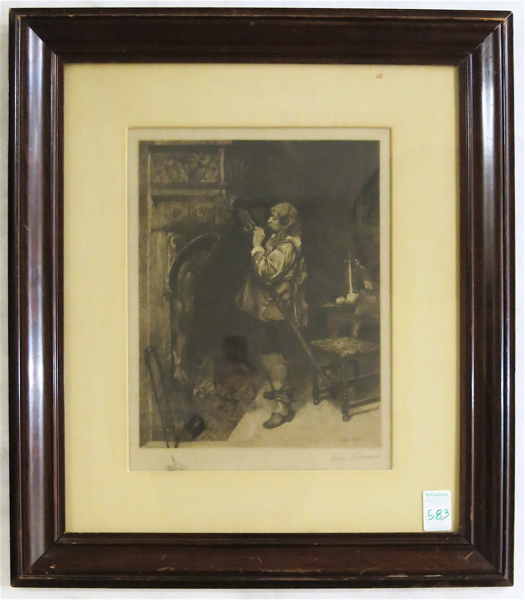 Appraisal: PAUL-ADOLPHE RAJON ETCHING French - Musketeer lighting a pipe near