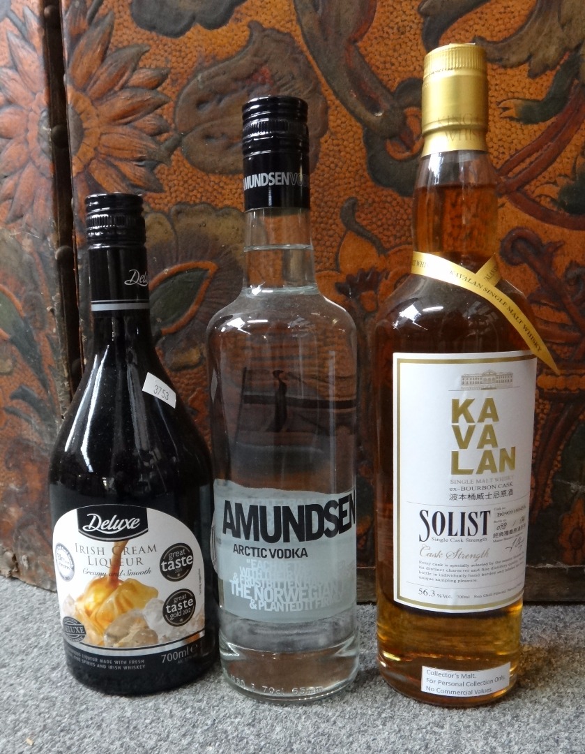 Appraisal: BOX - MIXED SPIRITSDeluxe Irish Cream LiqueurAmundsen VodkaKavalan Solist ex-Bourbon