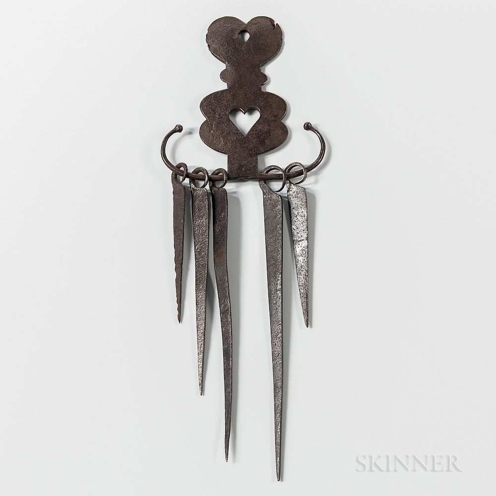 Appraisal: Wrought Iron Skewer Holder and Five Skewers Wrought Iron Skewer