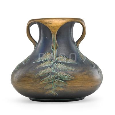 Appraisal: NORSE POTTERY Four-handled vase decorated with ferns bronze and verdigris