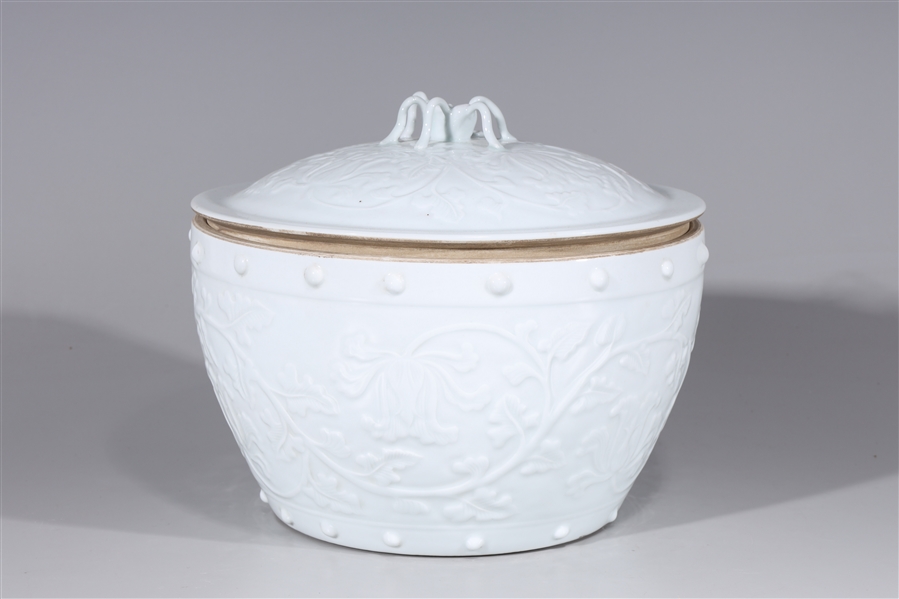 Appraisal: Chinese white porcelain covered basin with floral design and two-character