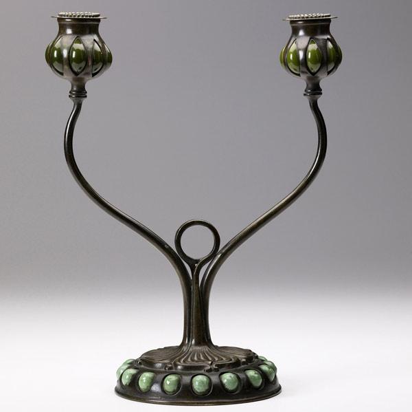 Appraisal: TIFFANY STUDIOS Early bronze double candelabrum with blown-out green glass