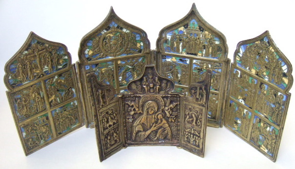 Appraisal: A Russian brass and enamel decorated four fold Icon depicting