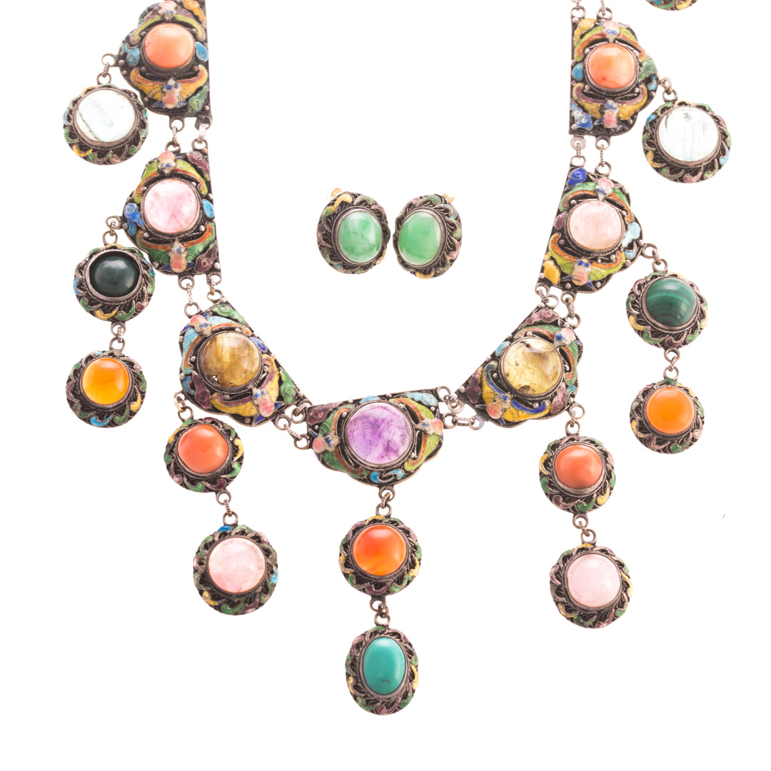 Appraisal: A Vintage Enamel Gemstone Necklace Earrings Silver necklace of multi