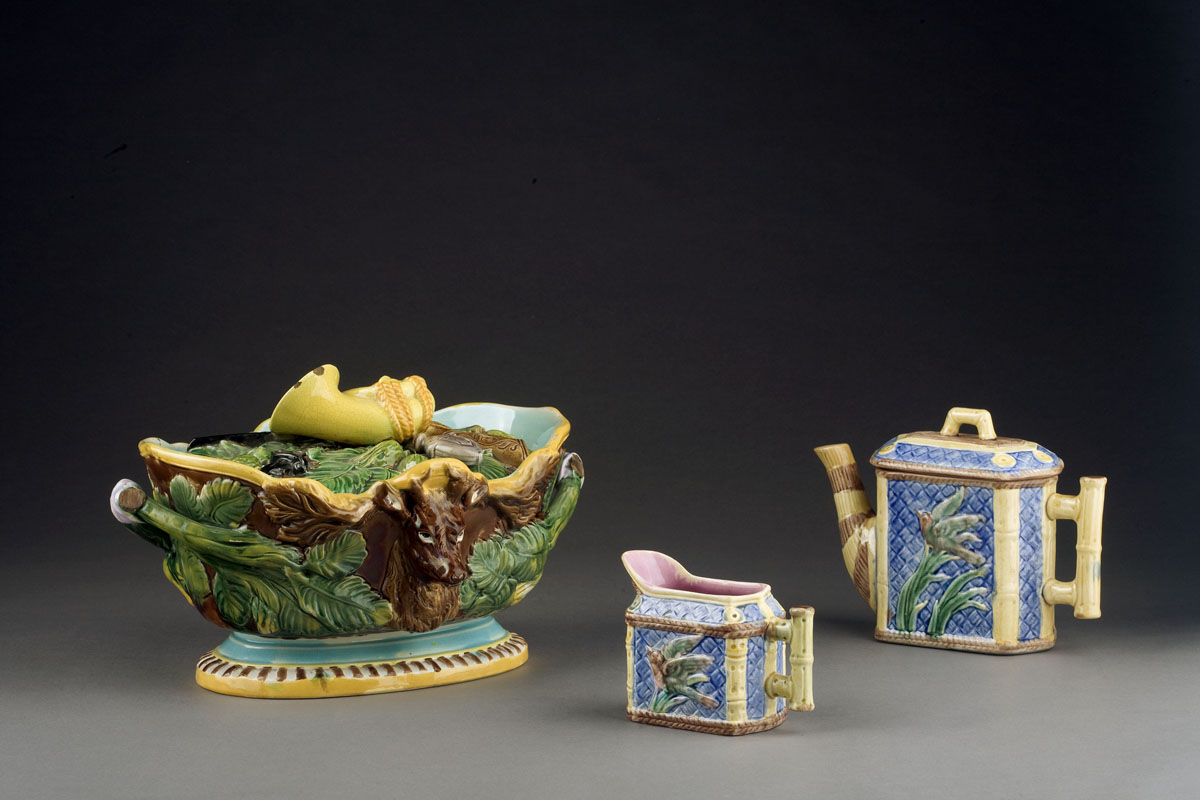 Appraisal: ENGLISH MAJOLICA GAME DISH AND COVER NINETEENTH CENTURY Molded on