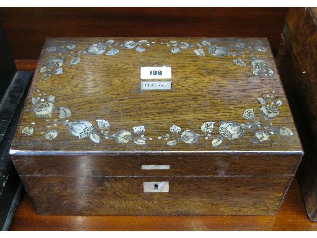 Appraisal: Oak and mother of pearl inlaid writing slope