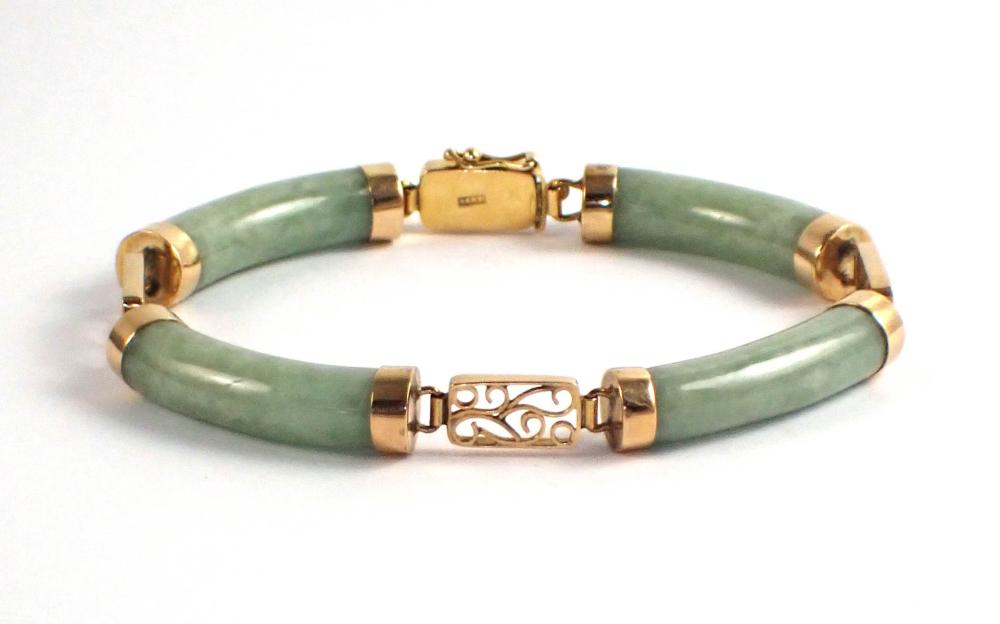 Appraisal: JADE AND FOURTEEN KARAT GOLD BRACELET measuring - in length