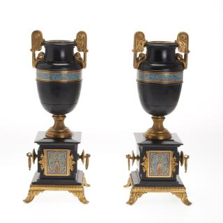 Appraisal: Pair Louis Philippe bronze champleve marble urns Pair Louis Philippe