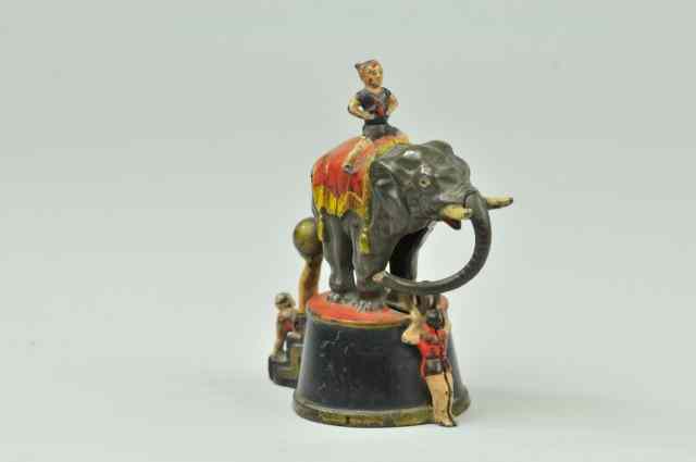 Appraisal: ELEPHANT AND THREE CLOWNS MECHANICAL BANK Blue Base J E