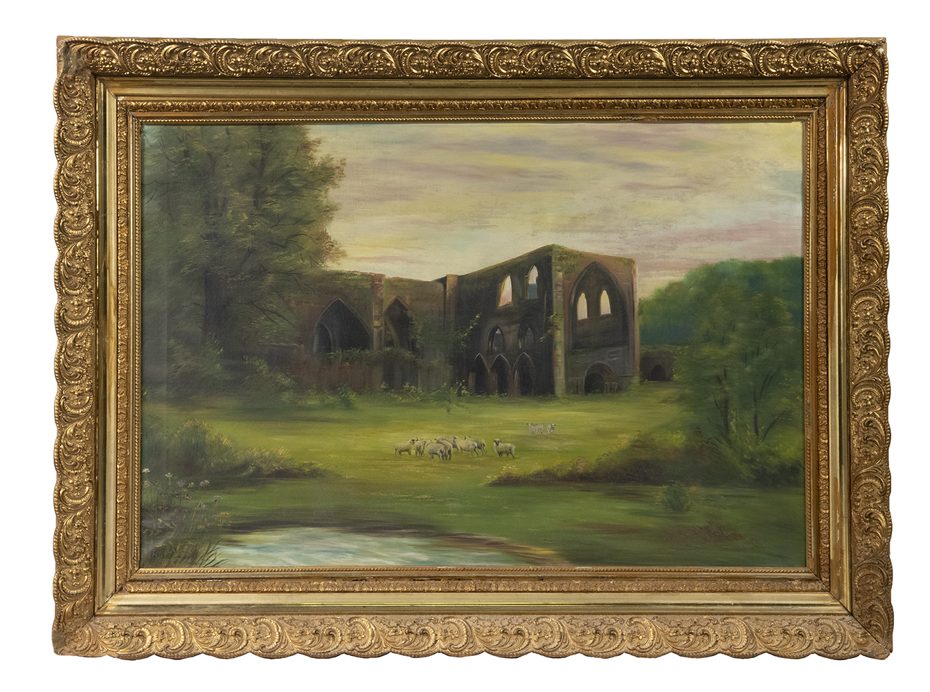 Appraisal: LARGE LANDSCAPE PAINTING OF CASTLE RUINS Naive British View of