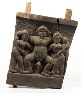 Appraisal: Indian Wood Carving Indian wooden fragment relief carved with two