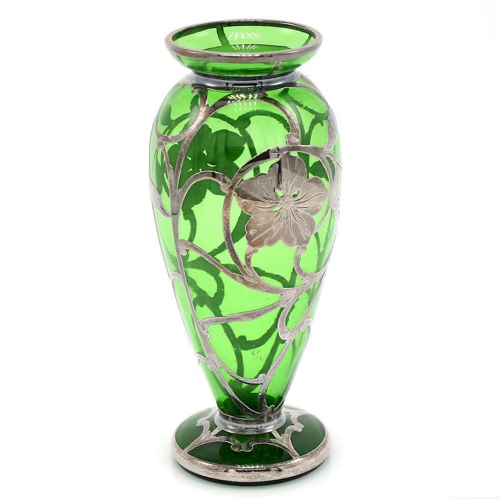 Appraisal: Green Vase with Sterling Silver Flower Overlay Green vase featuring