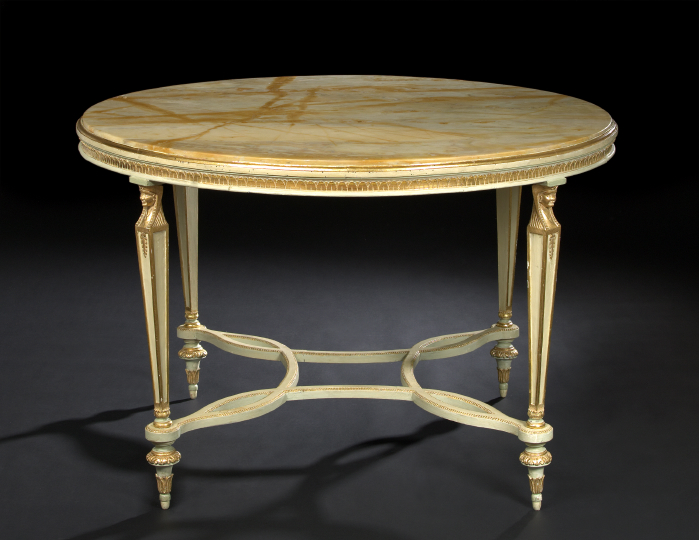 Appraisal: Louis XVI-Style Polychromed Giltwood and Marble-Top Center Table the circular