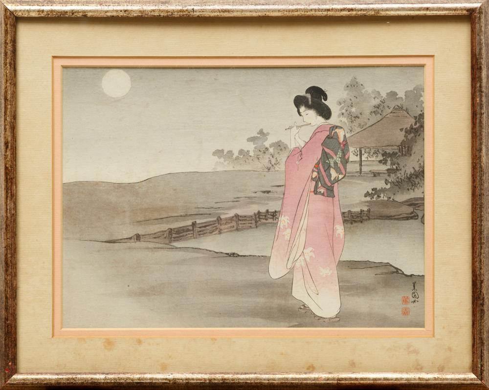 Appraisal: Ikeda Shoen Japanese - Beauty Playing Flute in Moonlight woodblock