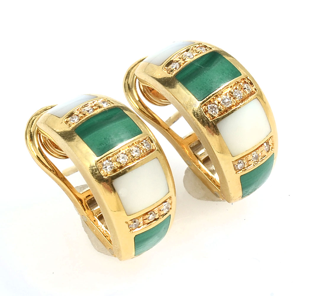 Appraisal: K MID-CENTURY MALACHITE MOP DIAMOND EAR CLIPS Fine Italian ear