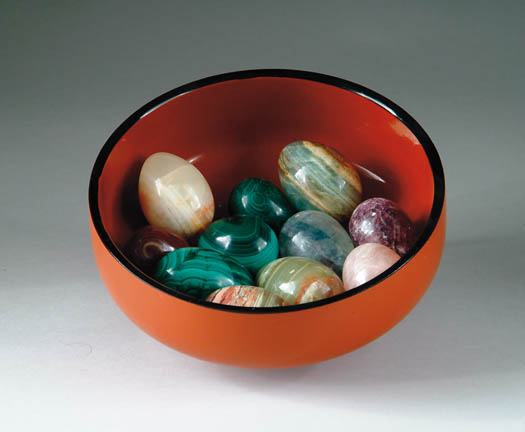 Appraisal: LACQUERWARE BOWL WITH ELEVEN STONE EGGS Eggs include three malachite