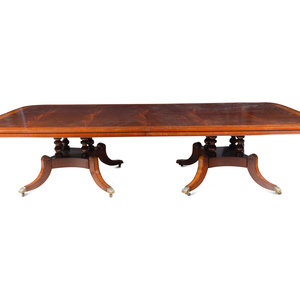 Appraisal: A George III Style Satinwood-Banded Mahogany Triple-Pedestal Dining Table th