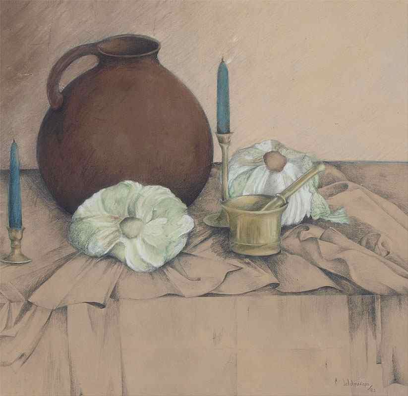 Appraisal: SALDARRIAGA Maria American - Still Life with Handled Jug Candles