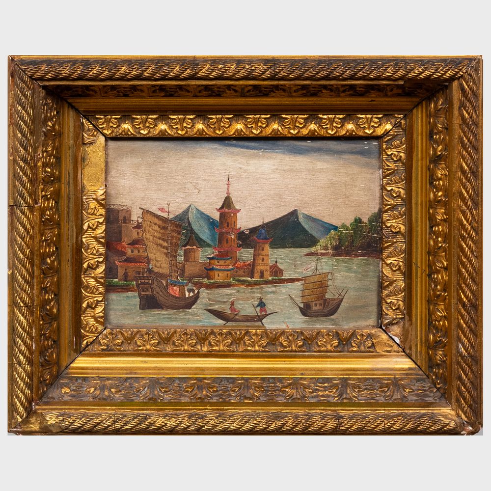 Appraisal: European School Harbor Scene Oil on board unsigned x in