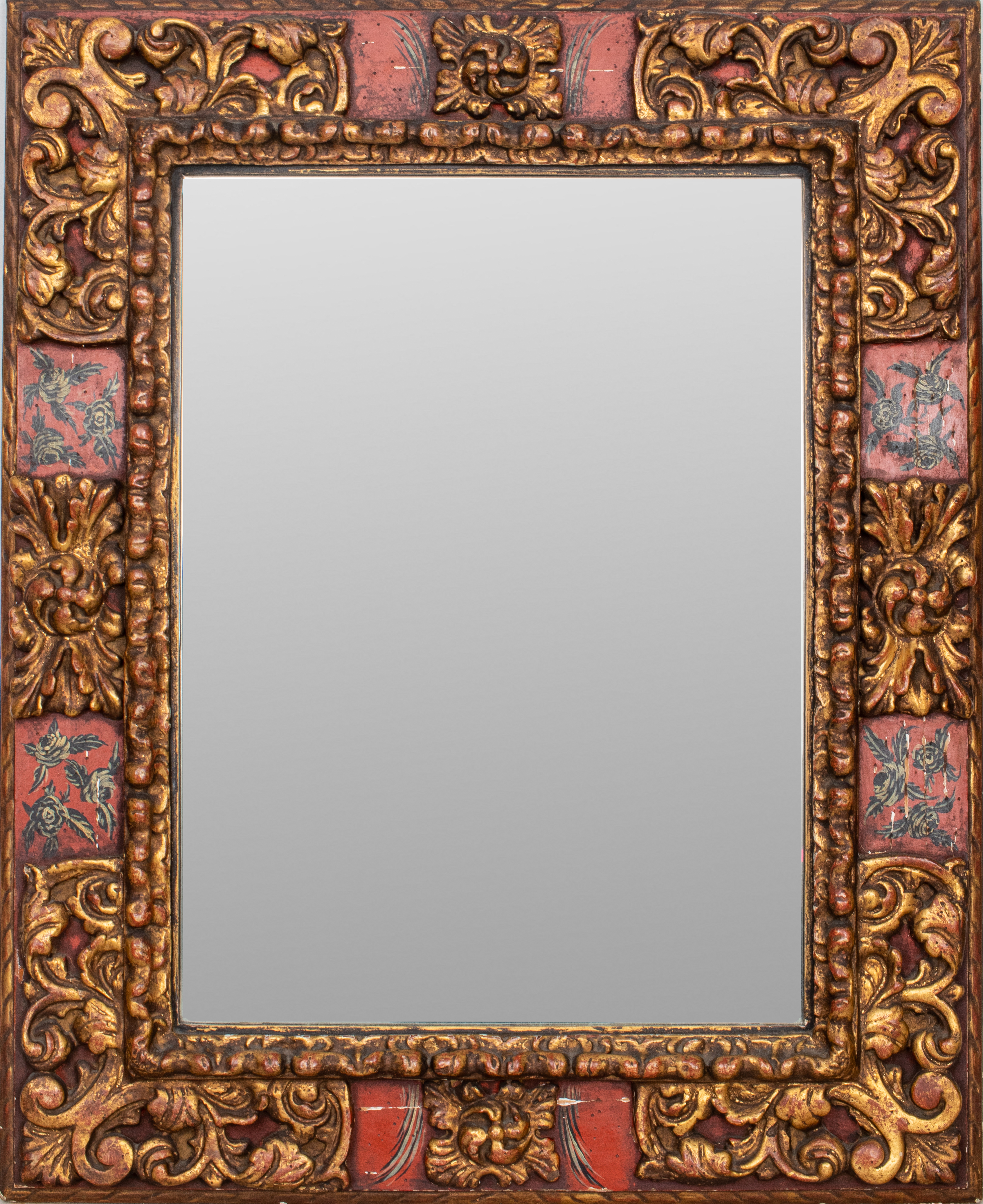 Appraisal: SOUTHEAST ASIAN RED-GROUND PARCEL-GILT MIRROR Southeast Asian red-ground parcel-gilt mirror