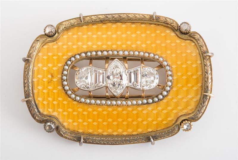 Appraisal: FABERG SILVER-GILT ENAMEL AND DIAMOND BUCKLE CONVERTED TO A BROOCH