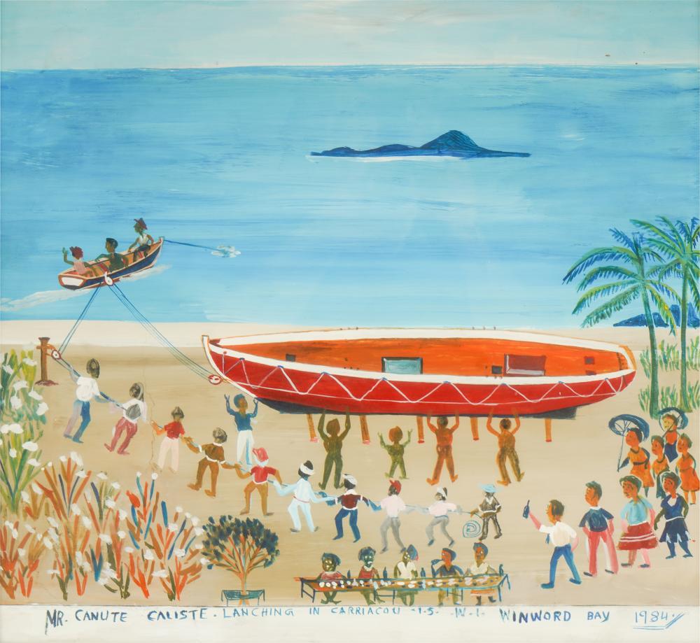 Appraisal: CANUTE CALISTE - LAUNCHING IN CARRIACOU oil on board matted