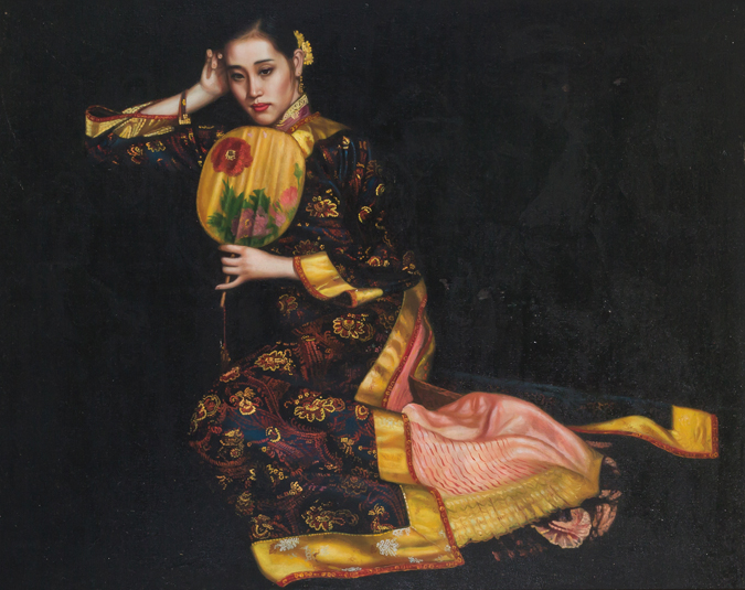 Appraisal: BIAO ZHONG Chinese b Girl with Fan oil on canvas