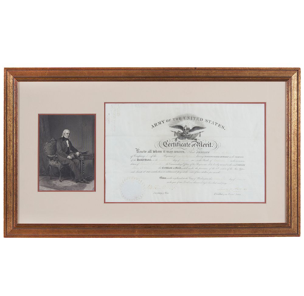 Appraisal: James Polk Army Certificate of Merit Framed James Polk -