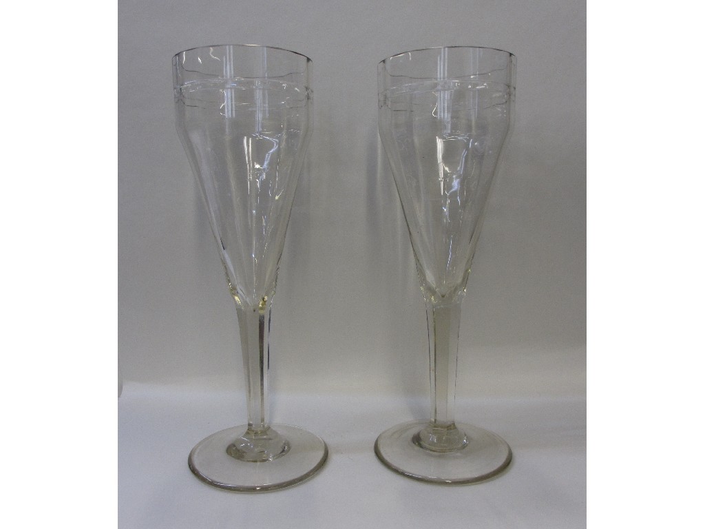 Appraisal: Pair of large glass vases with cut band decoration and