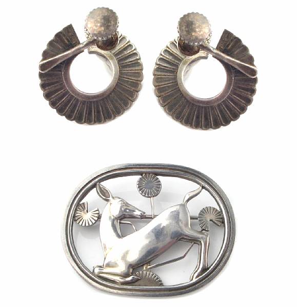 Appraisal: A sterling silver brooch and pair of screw-back earrings Georg