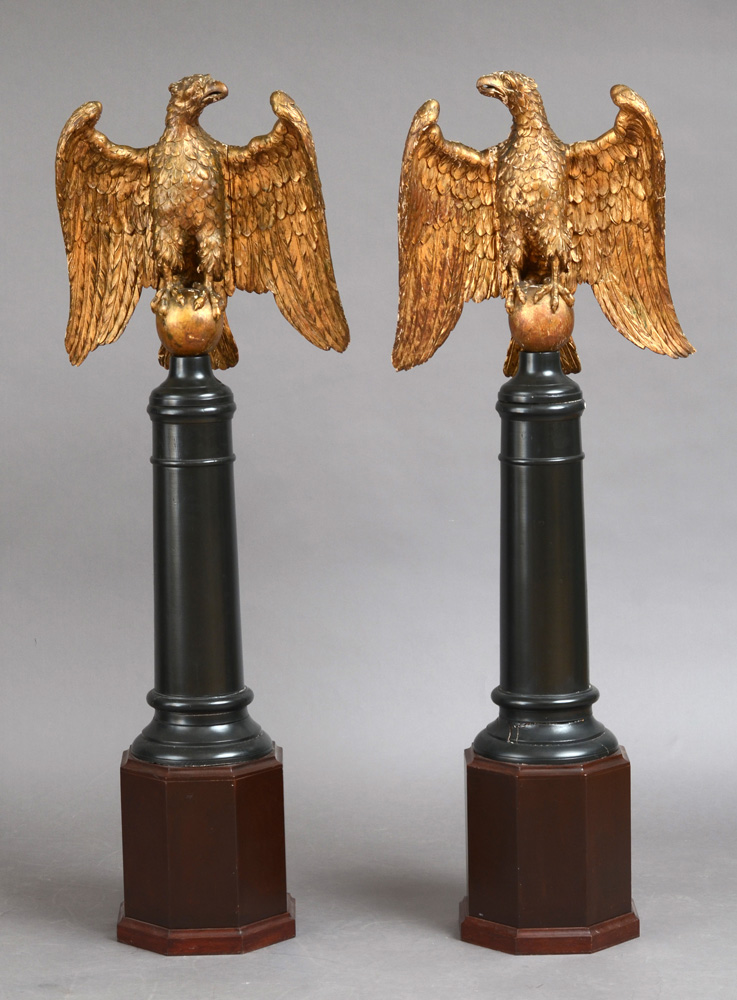 Appraisal: PAIR OF CONTINENTAL GILTWOOD EAGLES ON LATER STANDS Each spread