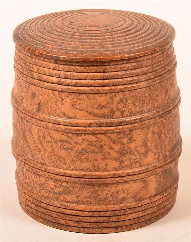 Appraisal: Turned Burl Wood Barrel Form Tobacco Canister Very Fine th