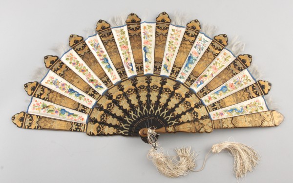 Appraisal: Fan with black lacquered support featuring embroidered reserves with bird