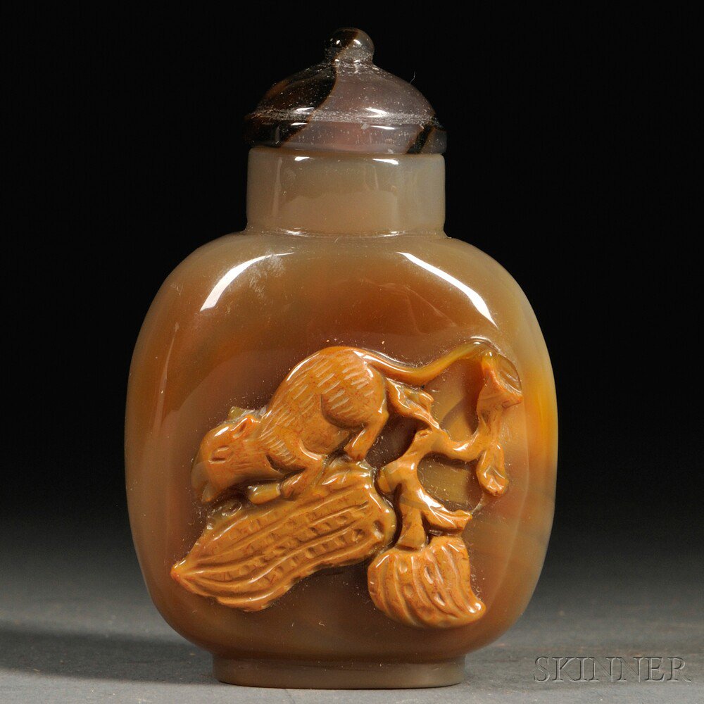 Appraisal: Cameo Agate Snuff Bottle China rounded rectangular form depicting a