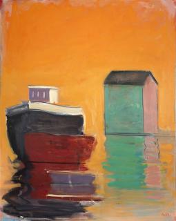 Appraisal: Paul Resika ''Yellow Harbor - Deep'' boat on the water