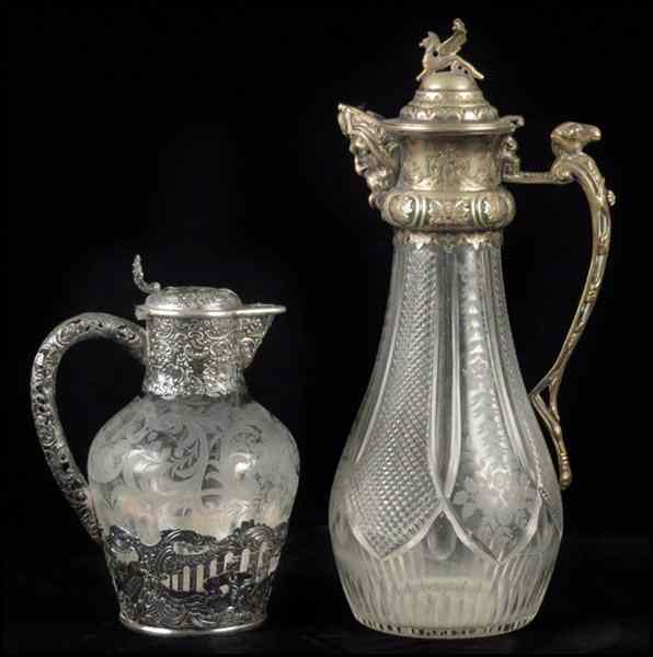 Appraisal: GERMAN HANAU STORCK SINSHEIMER SILVER MOUNTED ETCHED GLASS EWER Together