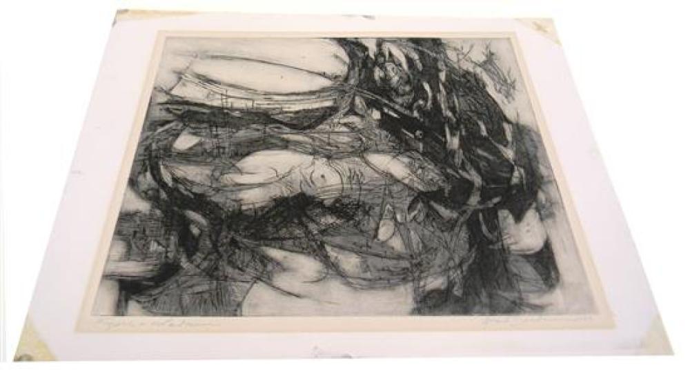 Appraisal: Gerard Doudera American b - etching Figure in Landscape depicts