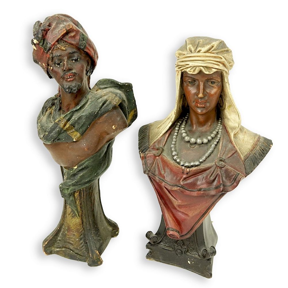 Appraisal: Two Polychrome Pottery Orientalist Figures Two Vintage Polychrome Pottery Orientalist