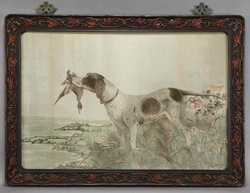 Appraisal: Chinese Republic Xiang School embroidered paneldepicting and English setter dog