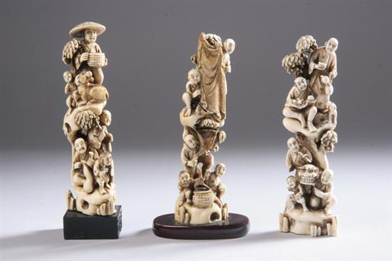 Appraisal: THREE JAPANESE OKIMONO Carved to depict figures - in high