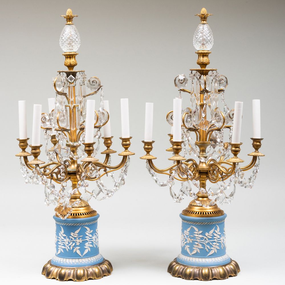 Appraisal: Pair of Gilt-Metal-Mounted Jasperware and Cut Glass Five-Light Candelabra Unmarked