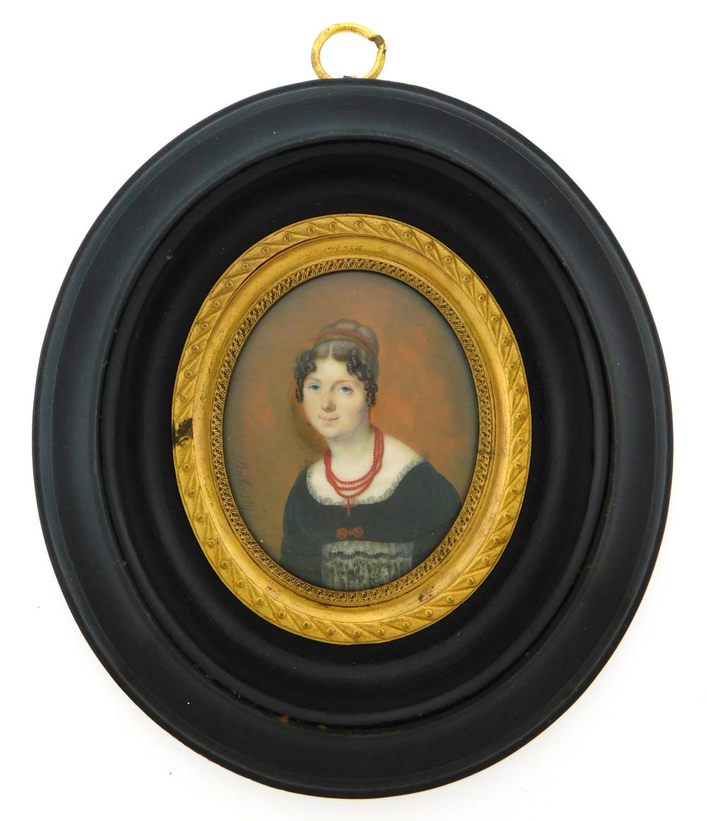 Appraisal: MINIATURE Portrait of woman in Federal dress th C watercolor