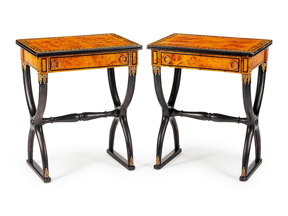 Appraisal: A Charles X Style Burlwood and Parcel Ebonized Side Tables