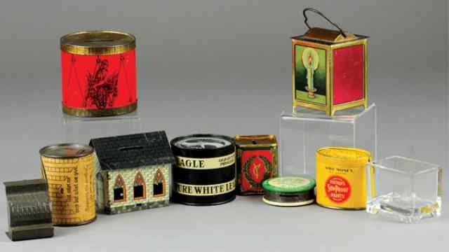 Appraisal: GROUPING OF TIN STILL BANKS Assorted lithographed tin examples features